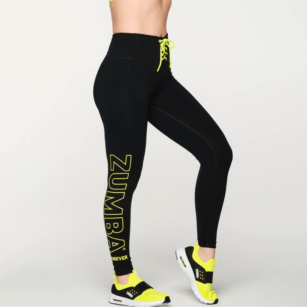 Zumba Forever Laced Up High Waisted Ankle Leggings Black and Neon Yellow (XL)